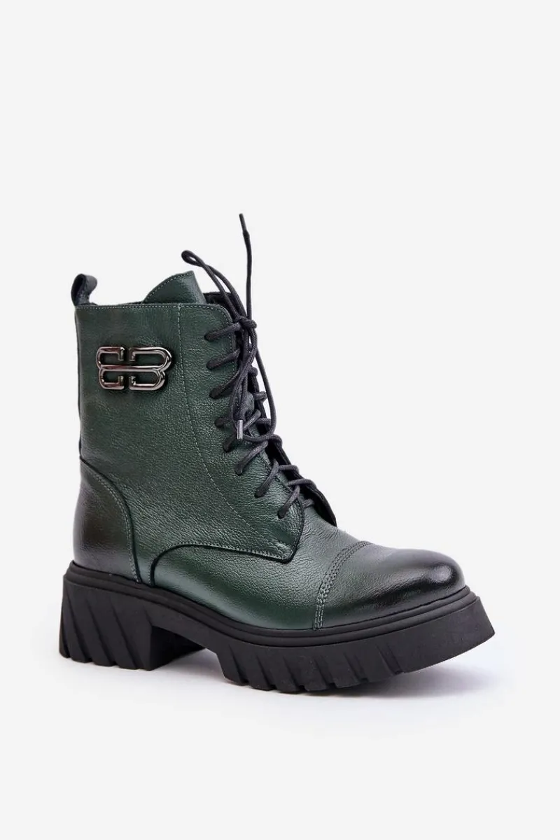 Clearance Zazoo 60486 Skórzane Botki Workery Ocieplane Ciemnozielone Zielony