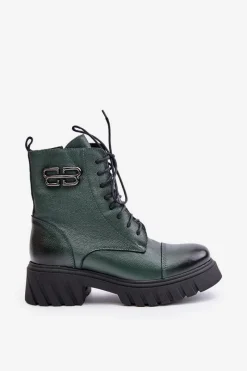 Clearance Zazoo 60486 Skórzane Botki Workery Ocieplane Ciemnozielone Zielony