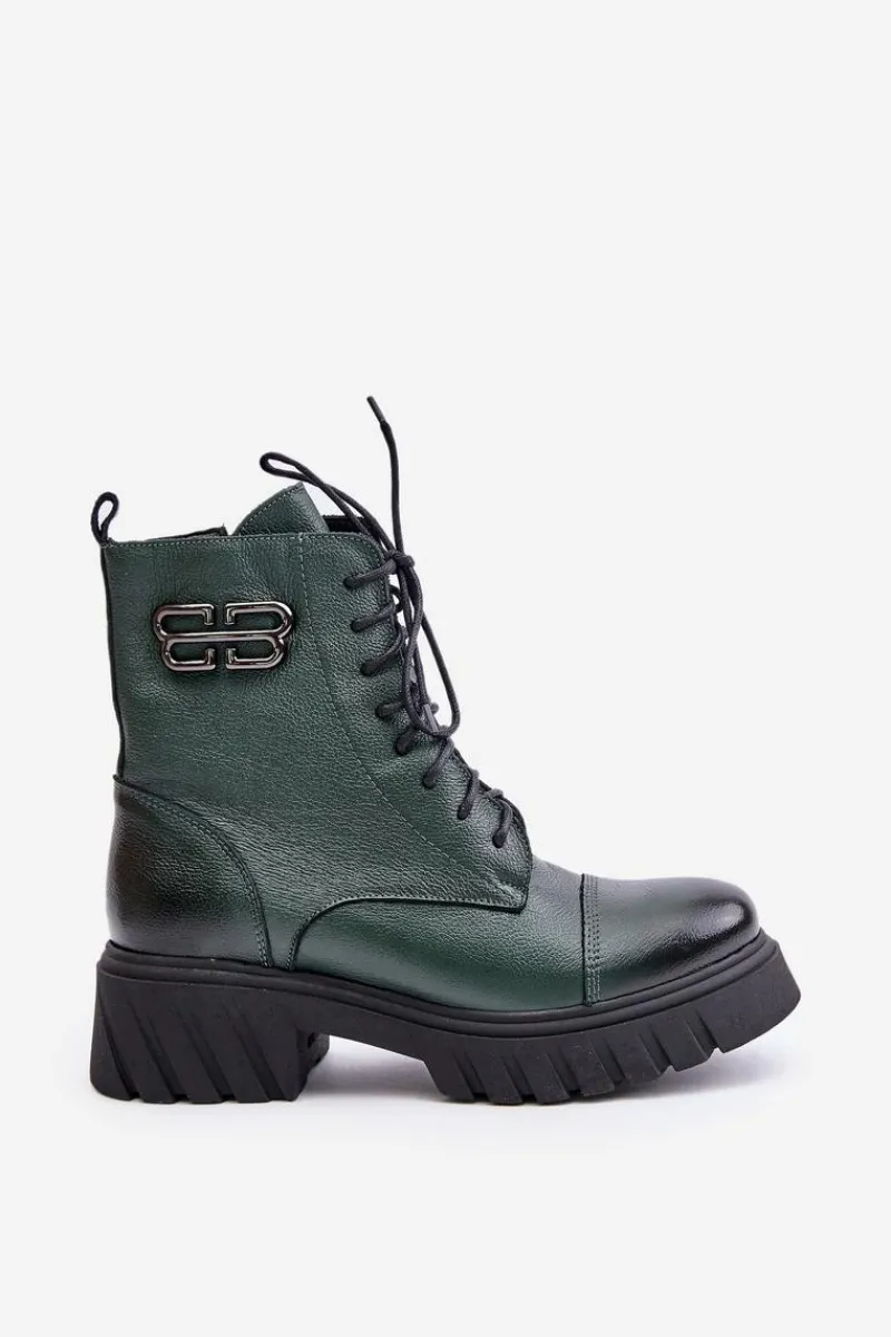 Clearance Zazoo 60486 Skórzane Botki Workery Ocieplane Ciemnozielone Zielony