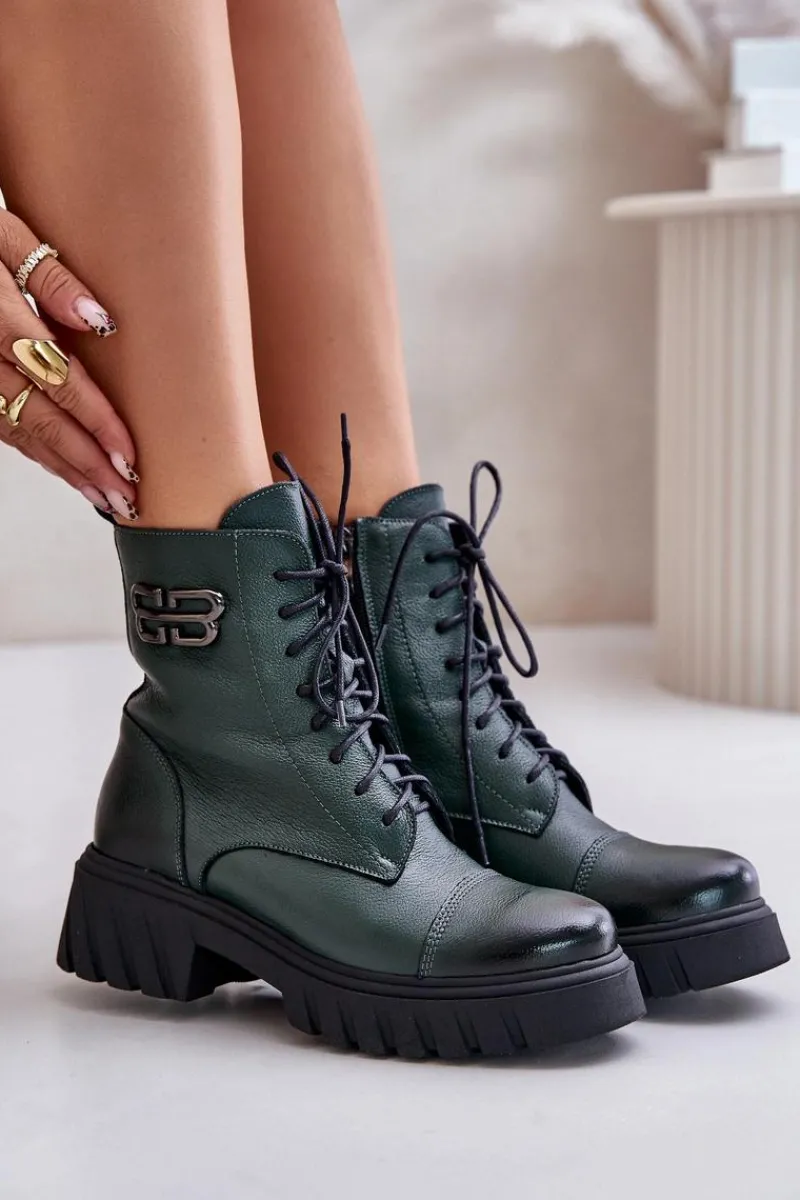 Clearance Zazoo 60486 Skórzane Botki Workery Ocieplane Ciemnozielone Zielony