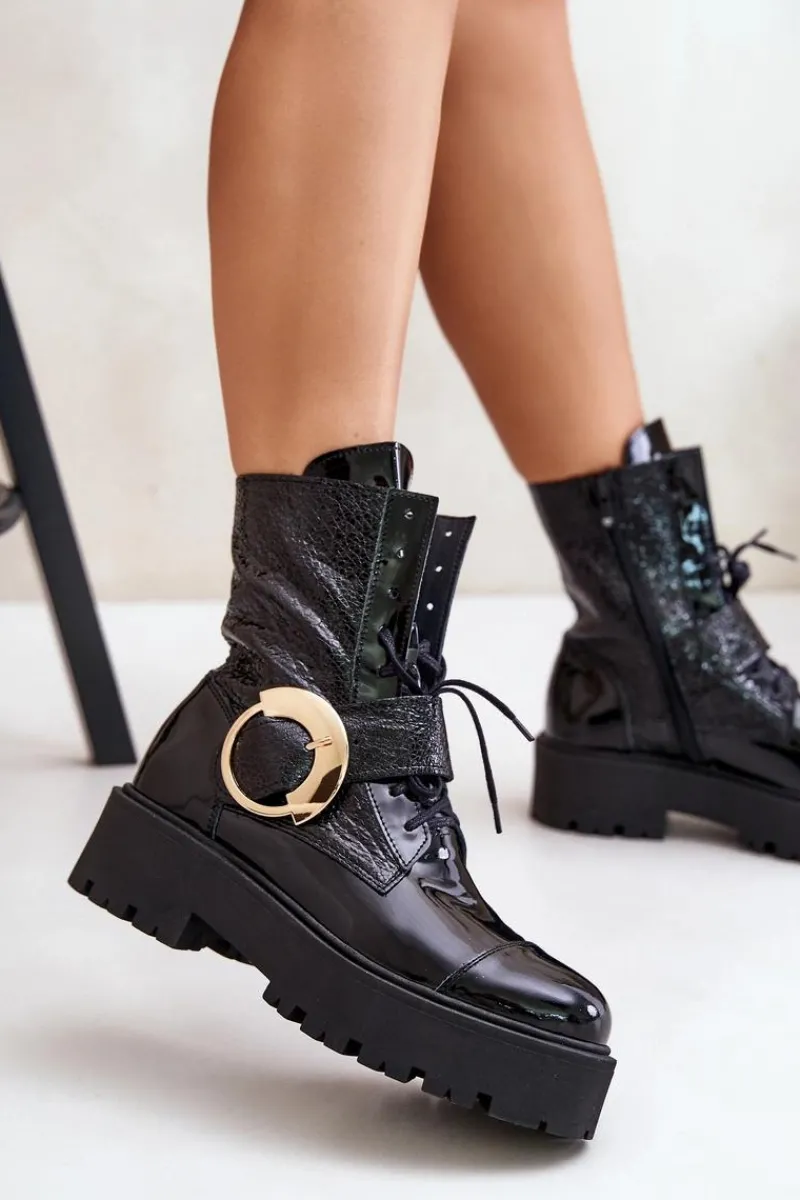 Damskie Trapery|Brązowe I Beżowe Botki>Zazoo 2942 Skórzane Botki Workery Ze Złotą Klamrą Czarne Czarny