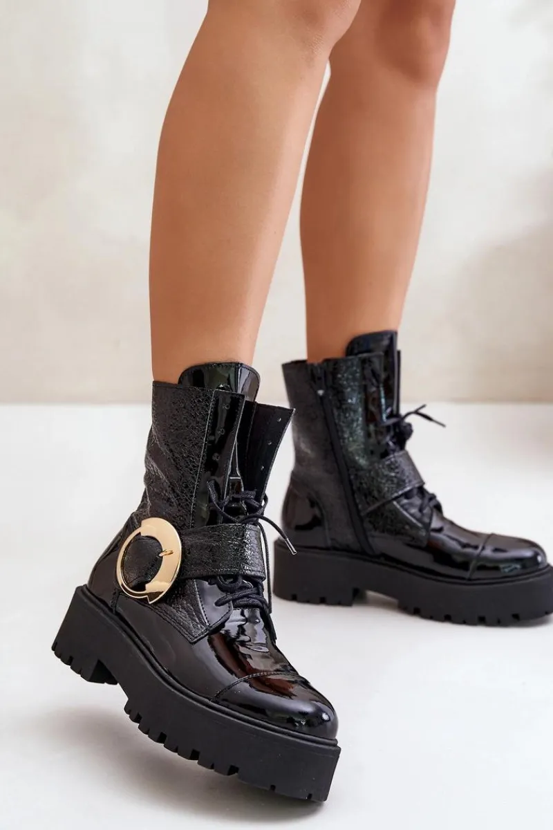 Damskie Trapery|Brązowe I Beżowe Botki>Zazoo 2942 Skórzane Botki Workery Ze Złotą Klamrą Czarne Czarny