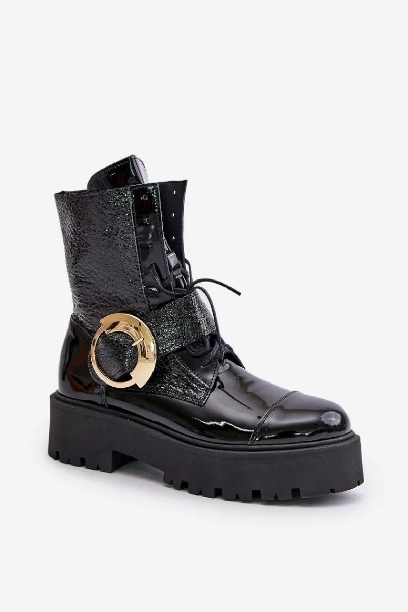 Damskie Trapery|Brązowe I Beżowe Botki>Zazoo 2942 Skórzane Botki Workery Ze Złotą Klamrą Czarne Czarny