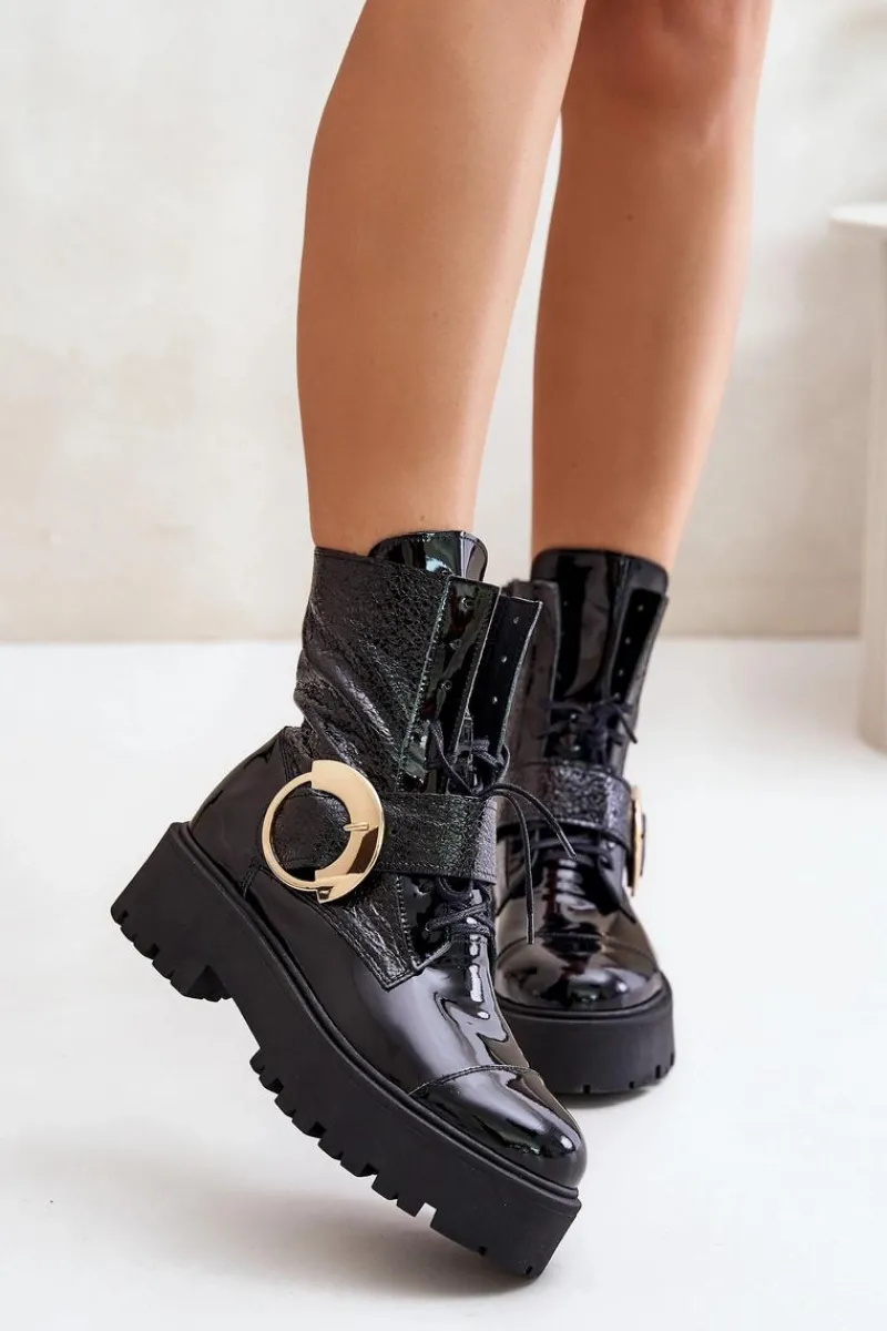 Damskie Trapery|Brązowe I Beżowe Botki>Zazoo 2942 Skórzane Botki Workery Ze Złotą Klamrą Czarne Czarny