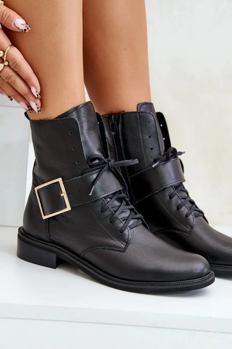 Botki Skórzane|Botki Sznurowane>Zazoo 2949 Skórzane Botki Z Klamrą Czarne Czarny