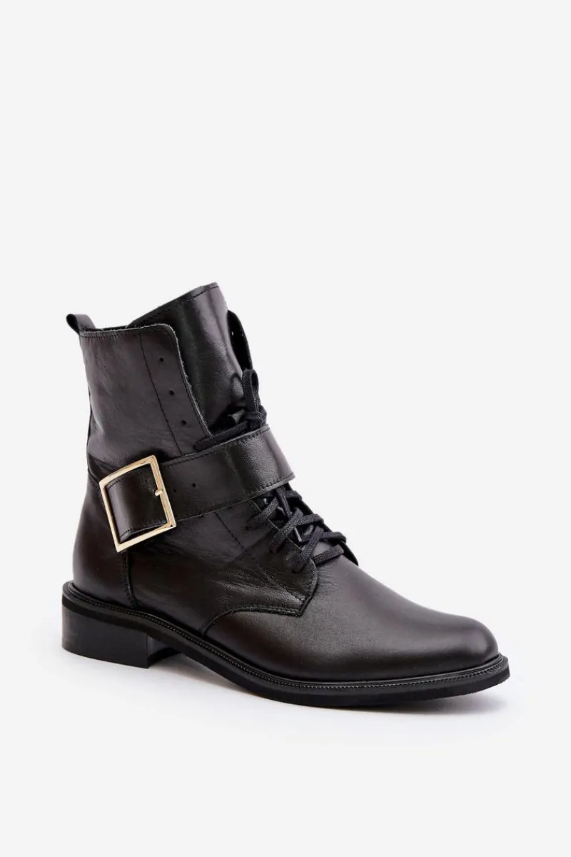 Botki Skórzane|Botki Sznurowane>Zazoo 2949 Skórzane Botki Z Klamrą Czarne Czarny