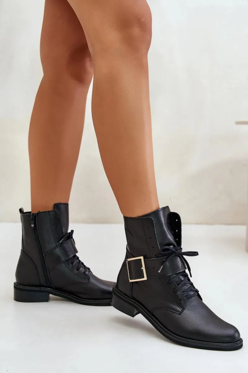 Botki Skórzane|Botki Sznurowane>Zazoo 2949 Skórzane Botki Z Klamrą Czarne Czarny