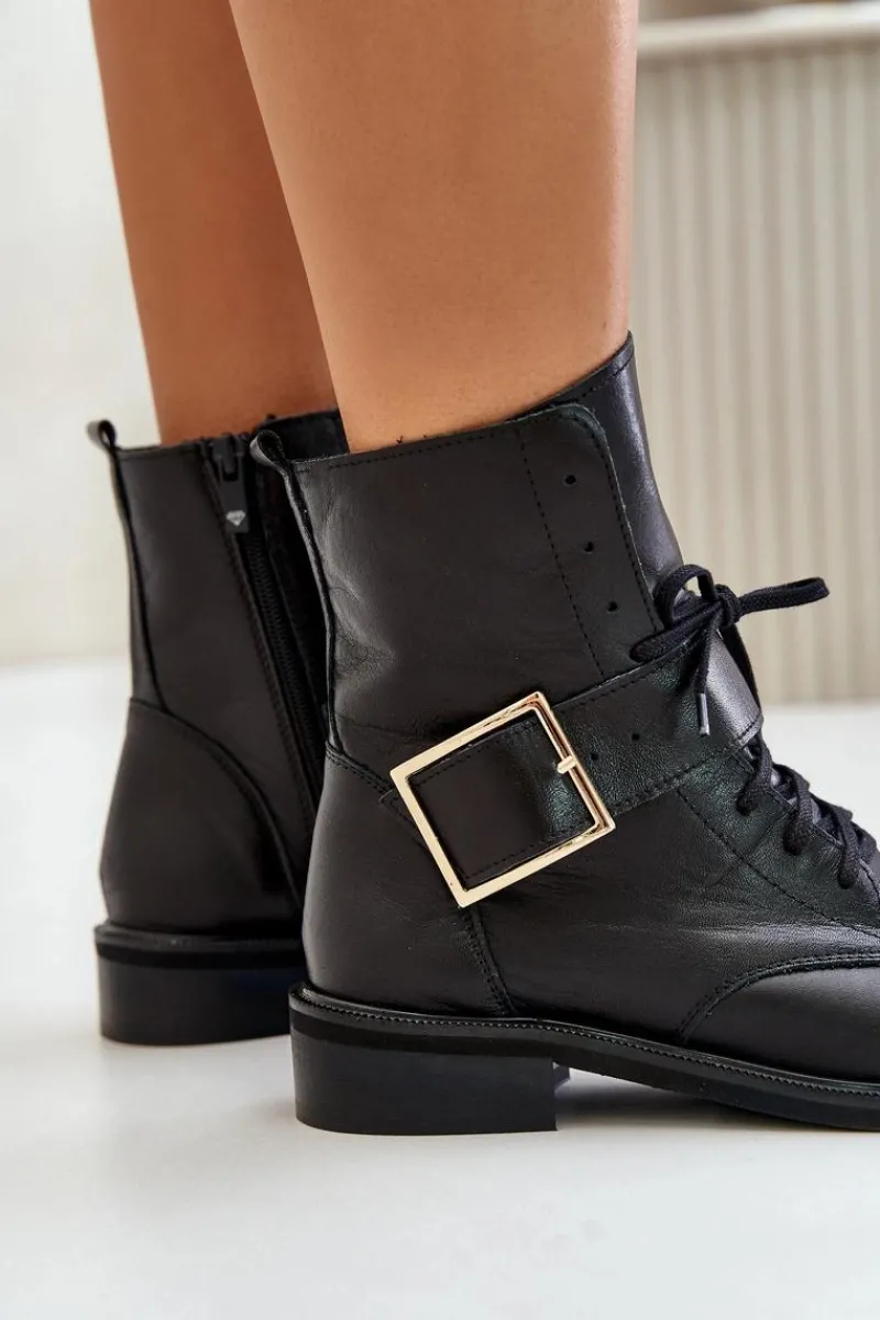 Botki Skórzane|Botki Sznurowane>Zazoo 2949 Skórzane Botki Z Klamrą Czarne Czarny