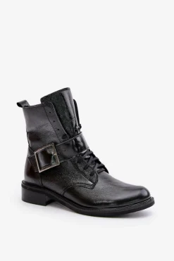 Hot 2949 Skórzane Botki Z Klamrą Czarne Damskie Botki Skórzane|Botki Sznurowane