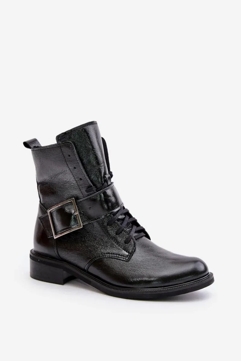 Hot 2949 Skórzane Botki Z Klamrą Czarne Damskie Botki Skórzane|Botki Sznurowane