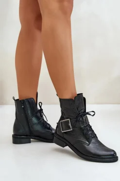 Hot 2949 Skórzane Botki Z Klamrą Czarne Damskie Botki Skórzane|Botki Sznurowane