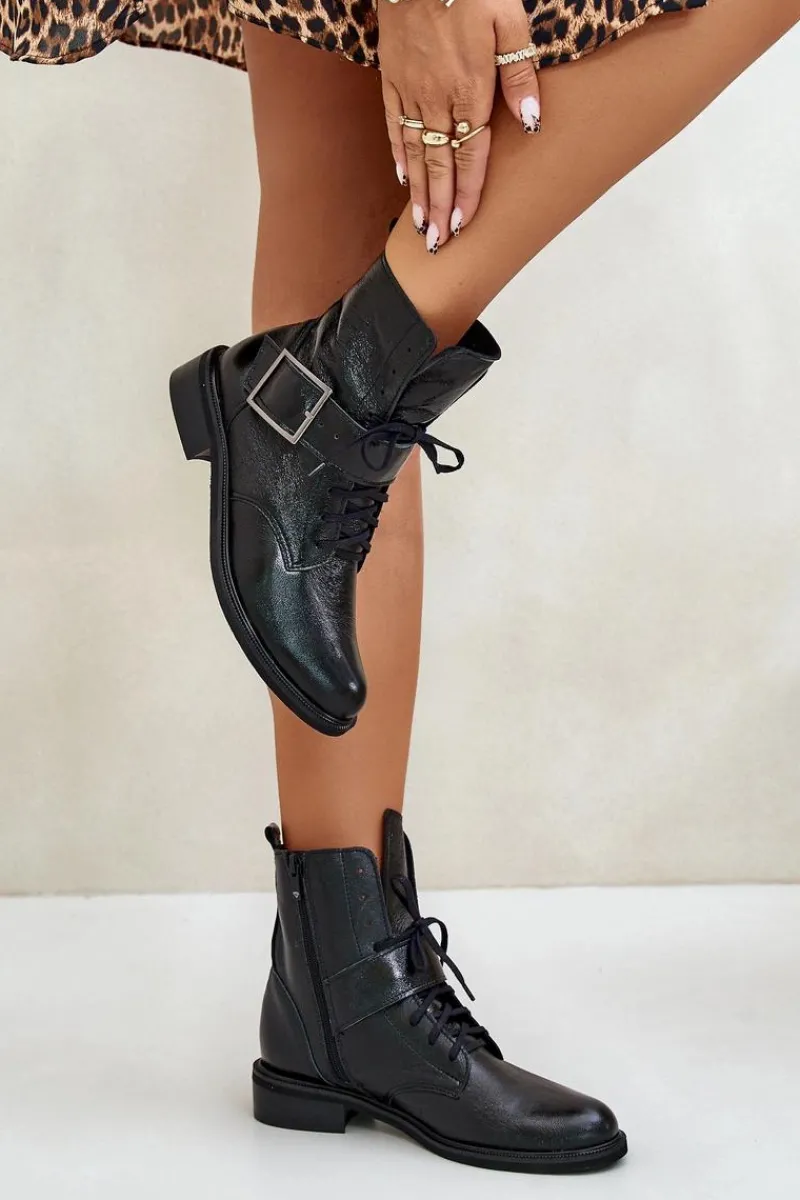 Hot 2949 Skórzane Botki Z Klamrą Czarne Damskie Botki Skórzane|Botki Sznurowane