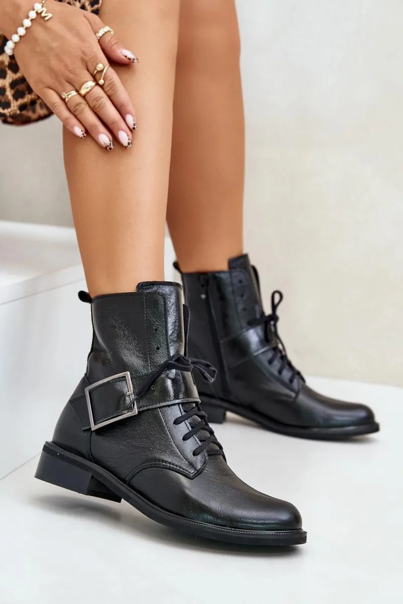 Hot 2949 Skórzane Botki Z Klamrą Czarne Damskie Botki Skórzane|Botki Sznurowane