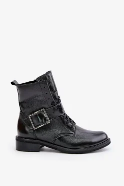 Hot 2949 Skórzane Botki Z Klamrą Czarne Damskie Botki Skórzane|Botki Sznurowane
