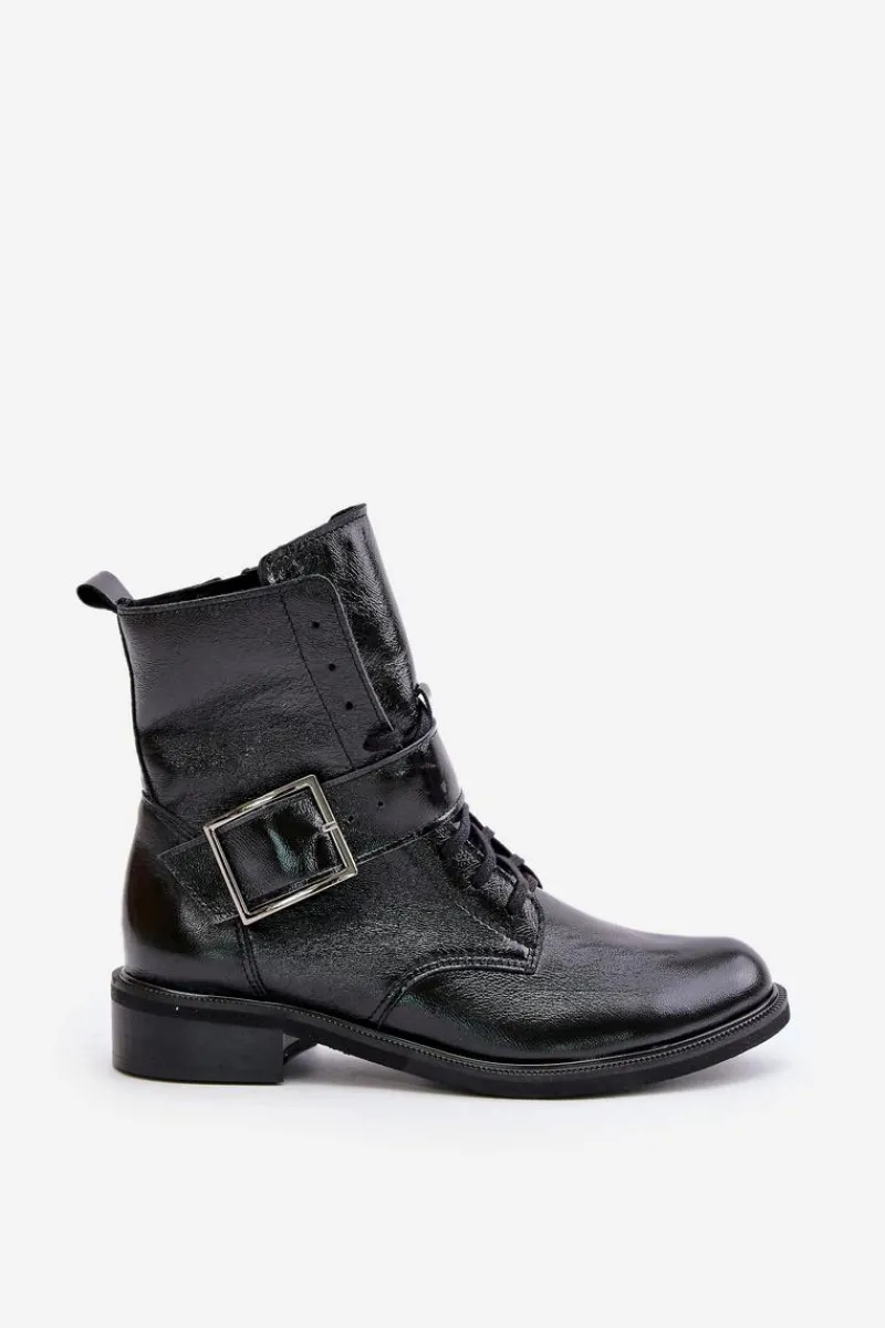 Hot 2949 Skórzane Botki Z Klamrą Czarne Damskie Botki Skórzane|Botki Sznurowane