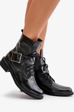 Hot 2949 Skórzane Botki Z Klamrą Czarne Damskie Botki Skórzane|Botki Sznurowane