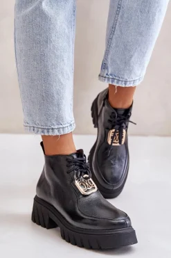 Hot Zazoo 2952 Skórzane Botki Ze Złotą Ozdobą Czarne Czarny