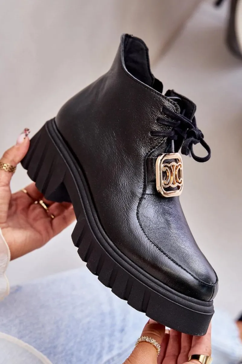 Hot Zazoo 2952 Skórzane Botki Ze Złotą Ozdobą Czarne Czarny