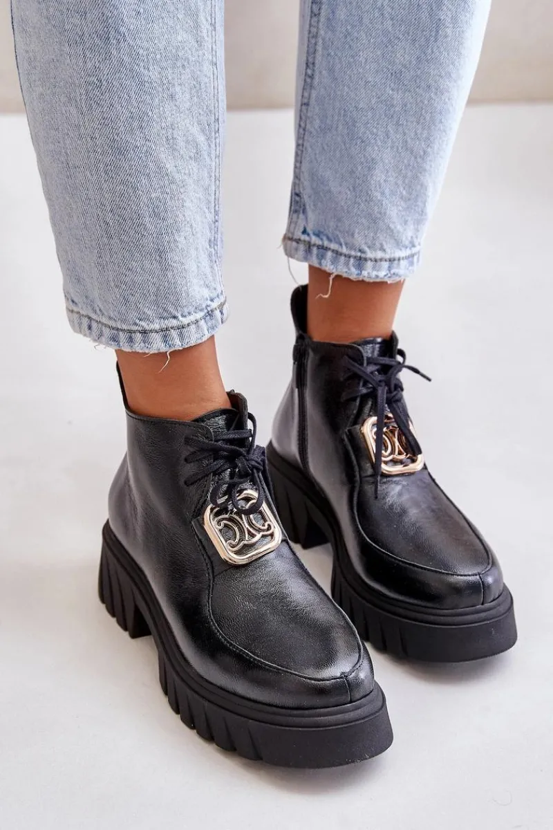 Hot Zazoo 2952 Skórzane Botki Ze Złotą Ozdobą Czarne Czarny