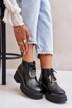 Hot Zazoo 2952 Skórzane Botki Ze Złotą Ozdobą Czarne Czarny