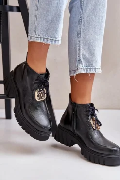 Hot Zazoo 2952 Skórzane Botki Ze Złotą Ozdobą Czarne Czarny