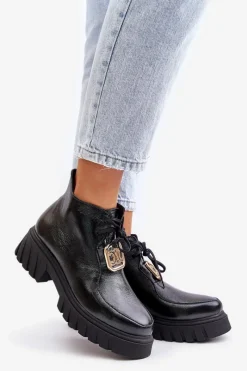 Hot Zazoo 2952 Skórzane Botki Ze Złotą Ozdobą Czarne Czarny