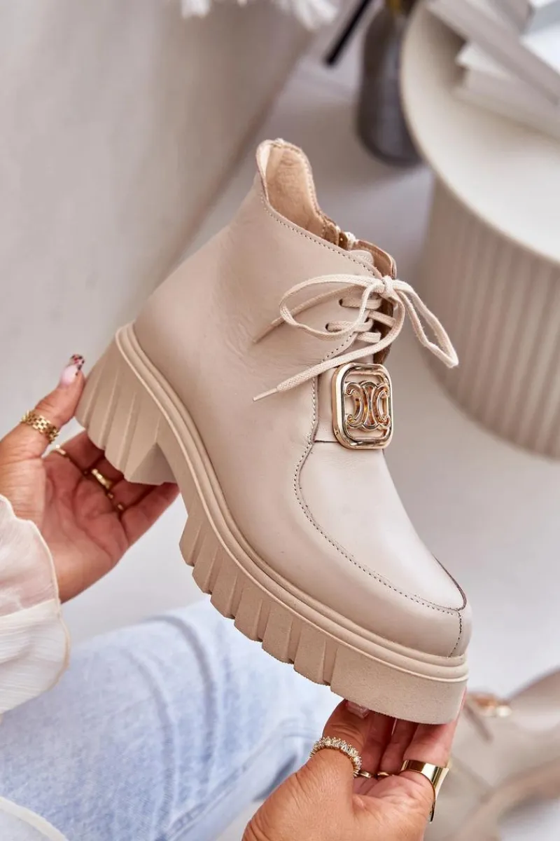 Botki Sznurowane|Botki Płaskie>Zazoo 2952 Skórzane Botki Ze Złotą Ozdobą Beżowe Beżowy