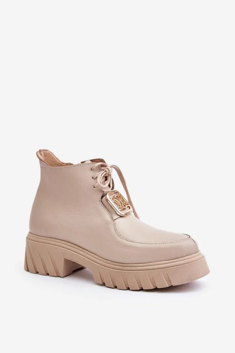 Botki Sznurowane|Botki Płaskie>Zazoo 2952 Skórzane Botki Ze Złotą Ozdobą Beżowe Beżowy