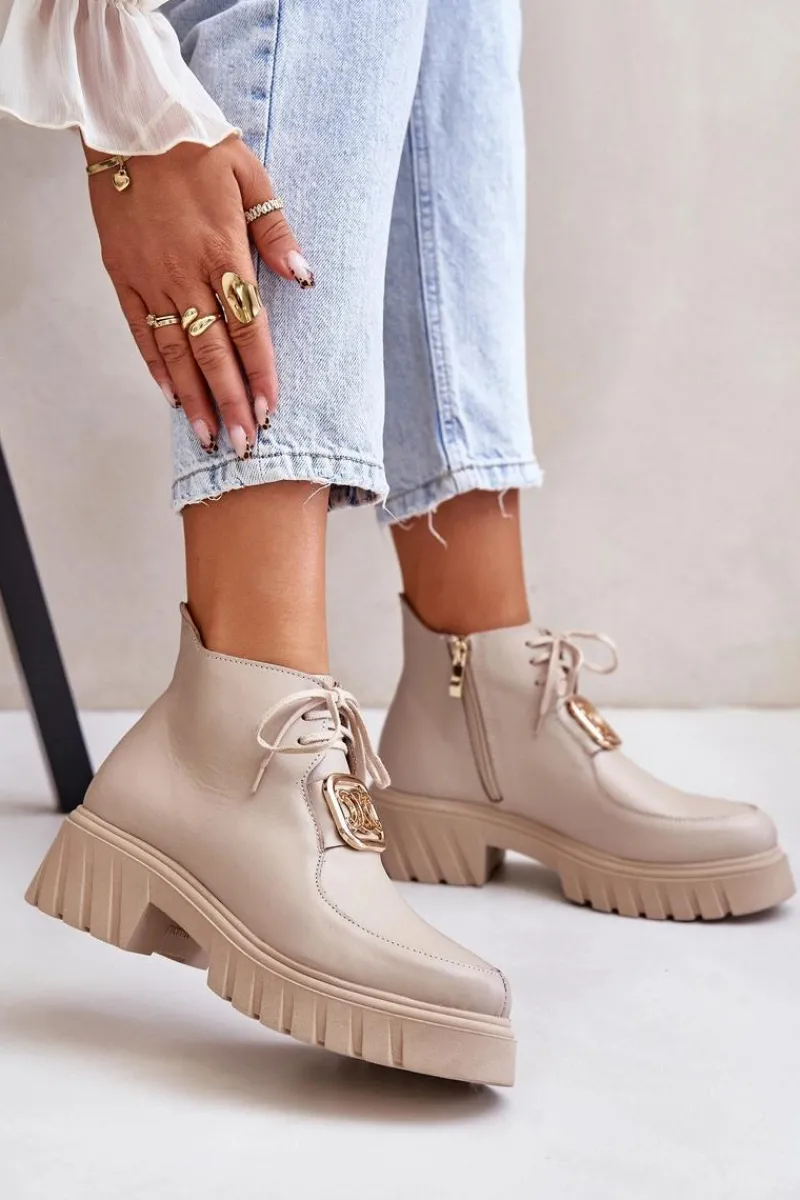 Botki Sznurowane|Botki Płaskie>Zazoo 2952 Skórzane Botki Ze Złotą Ozdobą Beżowe Beżowy