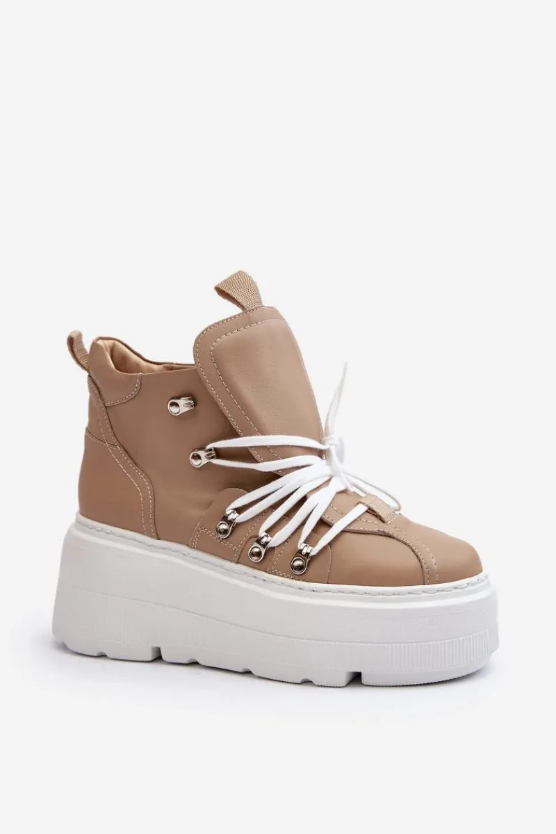 Sale Zazoo 3416 Skórzane Damskie Buty Sportowe Beżowe Beżowy