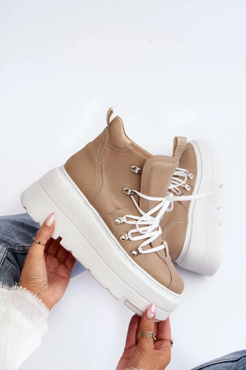 Sale Zazoo 3416 Skórzane Damskie Buty Sportowe Beżowe Beżowy