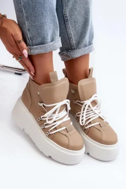 Sale Zazoo 3416 Skórzane Damskie Buty Sportowe Beżowe Beżowy