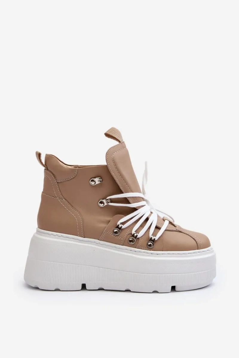 Sale Zazoo 3416 Skórzane Damskie Buty Sportowe Beżowe Beżowy