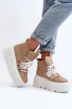 Sale Zazoo 3416 Skórzane Damskie Buty Sportowe Beżowe Beżowy