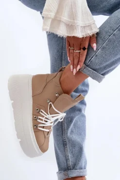 Sale Zazoo 3416 Skórzane Damskie Buty Sportowe Beżowe Beżowy