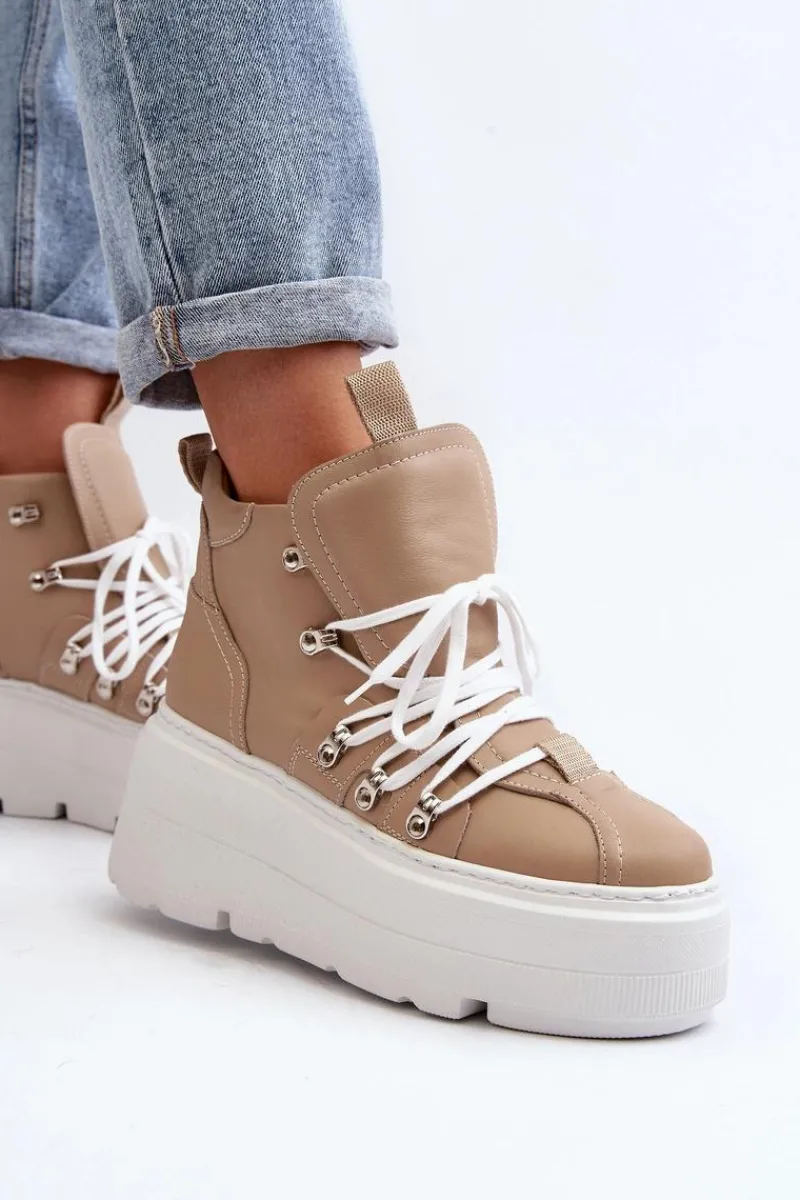 Sale Zazoo 3416 Skórzane Damskie Buty Sportowe Beżowe Beżowy