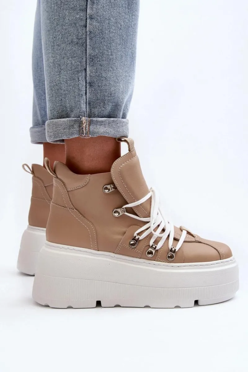 Sale Zazoo 3416 Skórzane Damskie Buty Sportowe Beżowe Beżowy