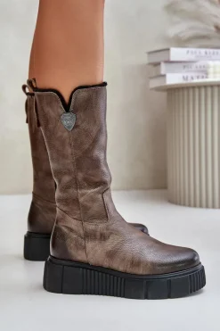 Discount 70121 Skórzane Damskie Kozaki Z Wełną Brązowe Damskie Kozaki Na Koturnie|Kozaki Przed Kolano