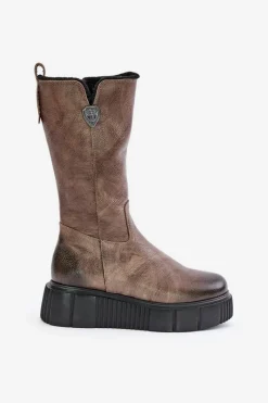 Discount 70121 Skórzane Damskie Kozaki Z Wełną Brązowe Damskie Kozaki Na Koturnie|Kozaki Przed Kolano