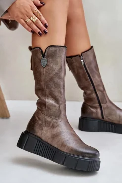 Discount 70121 Skórzane Damskie Kozaki Z Wełną Brązowe Damskie Kozaki Na Koturnie|Kozaki Przed Kolano