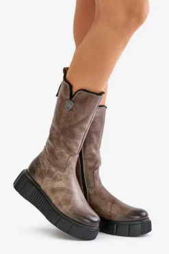 Discount 70121 Skórzane Damskie Kozaki Z Wełną Brązowe Damskie Kozaki Na Koturnie|Kozaki Przed Kolano