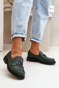 Online 20174 Skórzane Eleganckie Półbuty Damskie Na Płaskim Obcasie Ciemnozielone Damskie Półbuty Skórzane