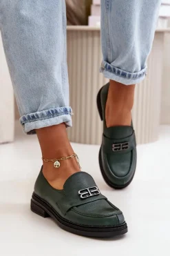 Online 20174 Skórzane Eleganckie Półbuty Damskie Na Płaskim Obcasie Ciemnozielone Damskie Półbuty Skórzane