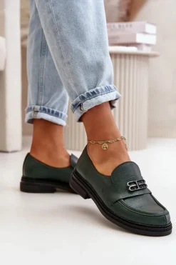 Online 20174 Skórzane Eleganckie Półbuty Damskie Na Płaskim Obcasie Ciemnozielone Damskie Półbuty Skórzane