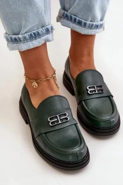 Online 20174 Skórzane Eleganckie Półbuty Damskie Na Płaskim Obcasie Ciemnozielone Damskie Półbuty Skórzane