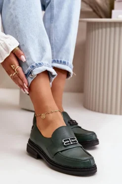 Online 20174 Skórzane Eleganckie Półbuty Damskie Na Płaskim Obcasie Ciemnozielone Damskie Półbuty Skórzane