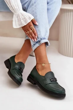 Online 20174 Skórzane Eleganckie Półbuty Damskie Na Płaskim Obcasie Ciemnozielone Damskie Półbuty Skórzane
