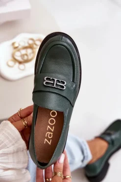 Online 20174 Skórzane Eleganckie Półbuty Damskie Na Płaskim Obcasie Ciemnozielone Damskie Półbuty Skórzane