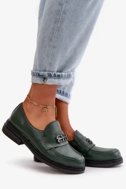 Online 20174 Skórzane Eleganckie Półbuty Damskie Na Płaskim Obcasie Ciemnozielone Damskie Półbuty Skórzane