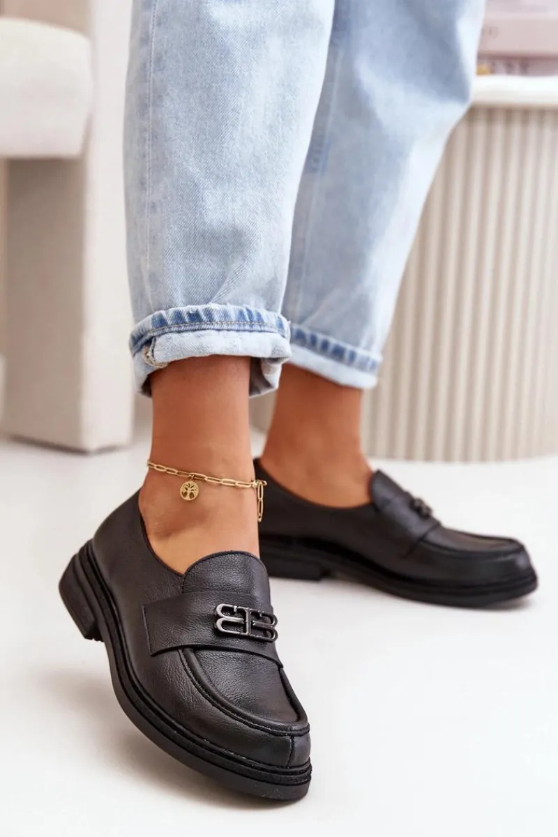 Półbuty Skórzane>Zazoo 20174 Skórzane Eleganckie Półbuty Damskie Na Płaskim Obcasie Czarne Czarny